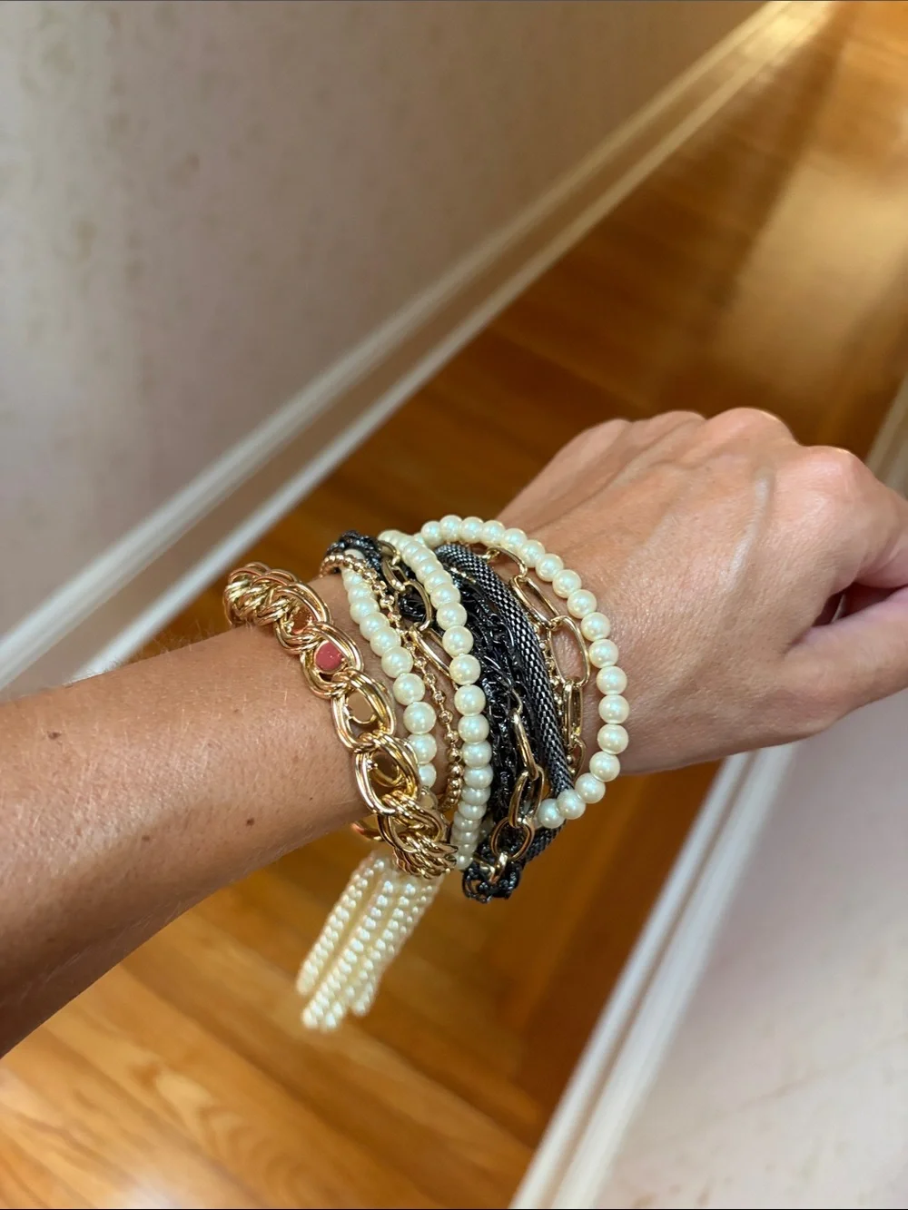 Layered Gold and Pearl Women's Bracelet Set